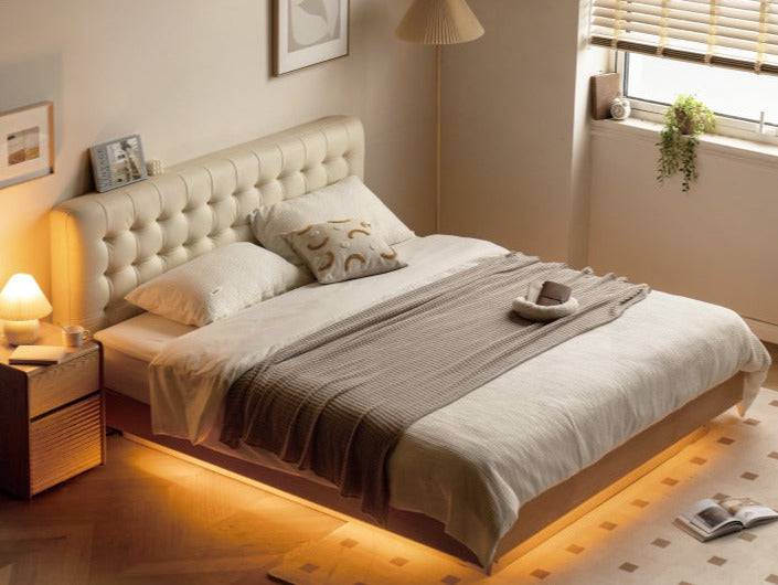 Creamy Upholstered Bed with light