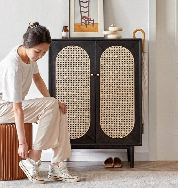 Smoky Dark Rattan Shoes Cabinet