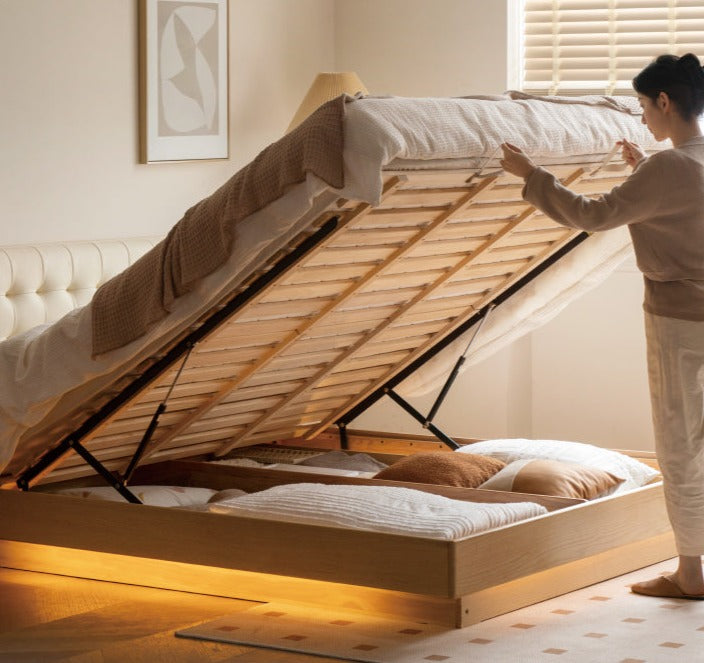 Creamy 簡約夜光床橡木有機皮軟靠油壓床